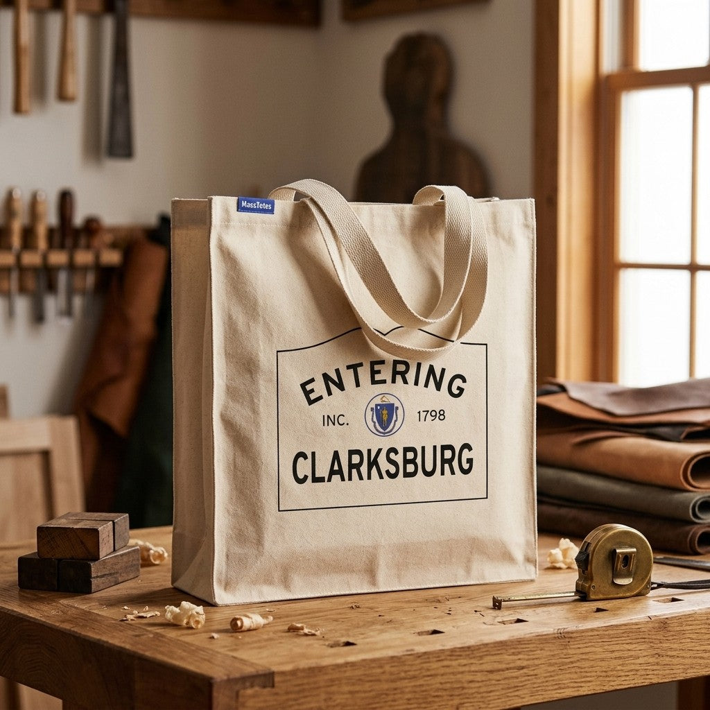 Entering Clarksburg, Massachusetts Canvas Tote Bag - Lifestyle Scene - Classic New England Detail