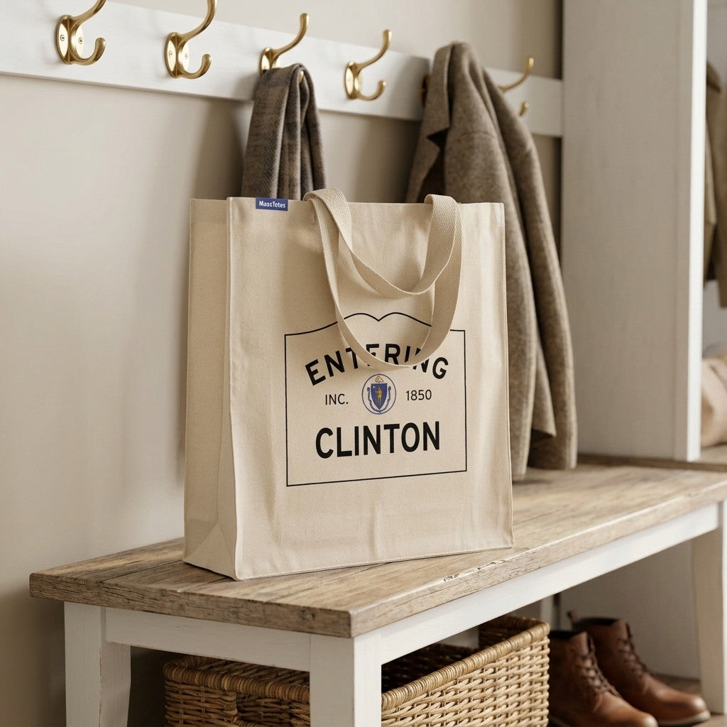 Entering Clinton, Massachusetts Canvas Tote Bag - Lifestyle Scene - Classic New England Detail