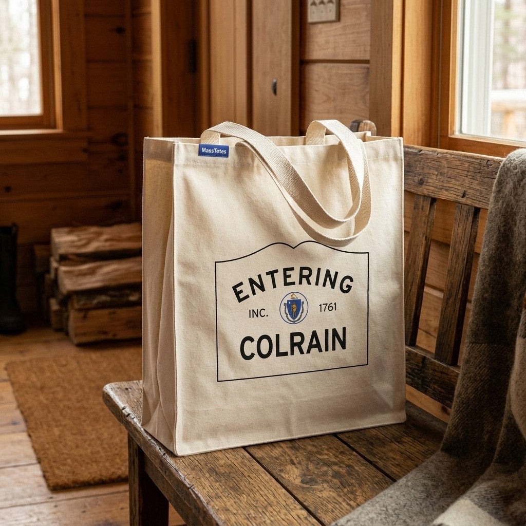 Entering Colrain, Massachusetts Canvas Tote Bag - Lifestyle Scene - Classic New England Detail