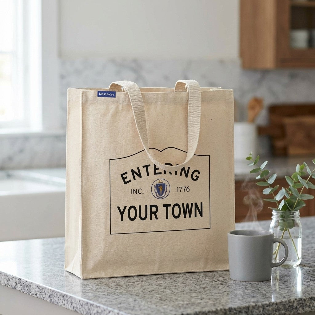 Custom Massachusetts Town Line Entering Sign Canvas Tote Bag - Lifestyle Scene - Relaxed Natural Setting