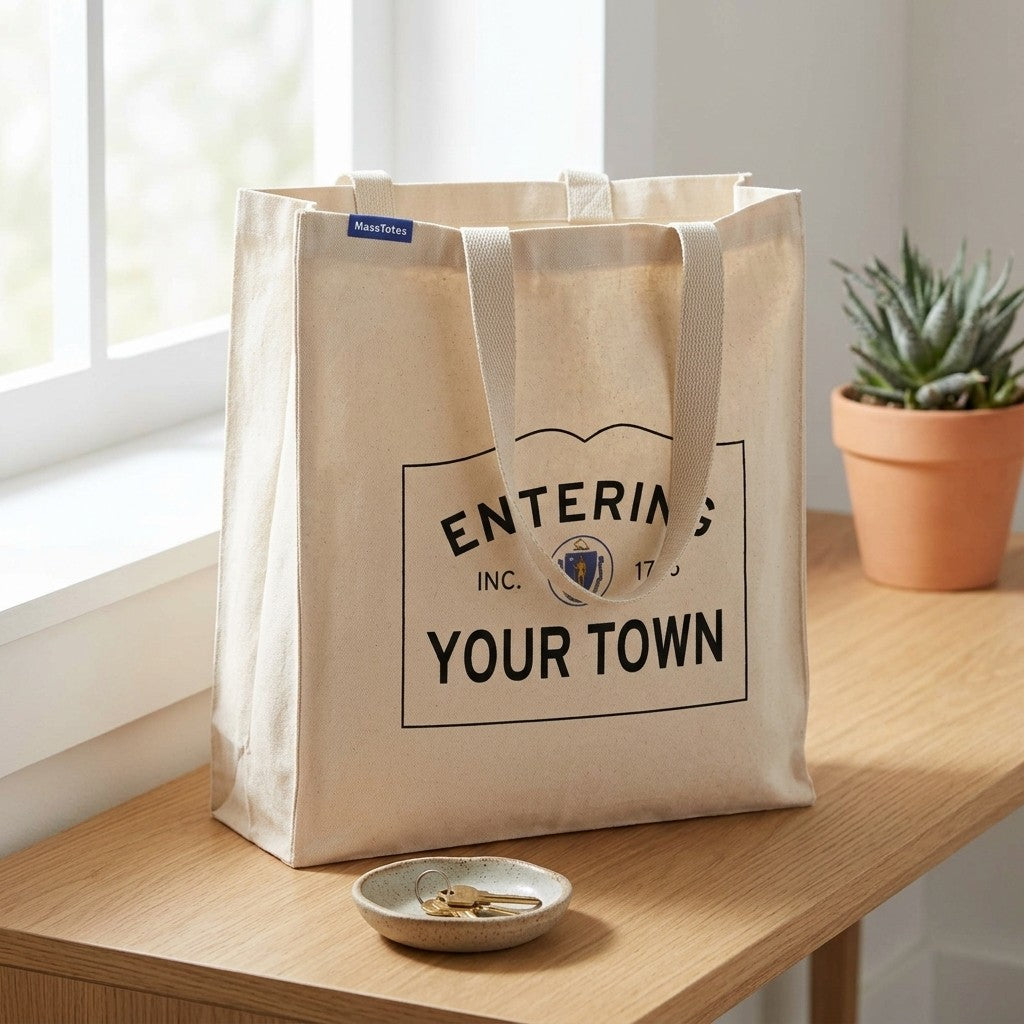 Custom Massachusetts Town Line Entering Sign Canvas Tote Bag - Outdoor In-Situ View - Scenic Atmosphere