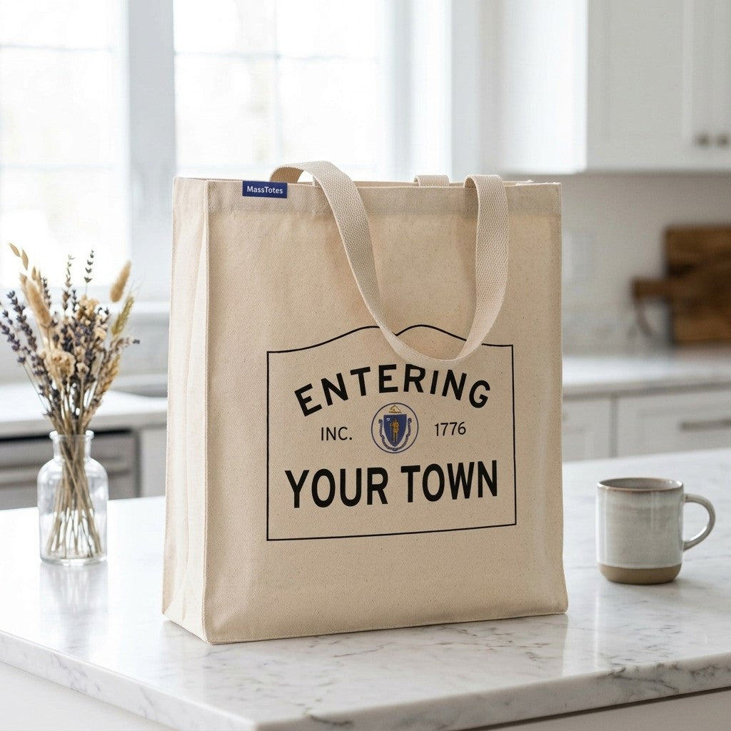 Custom Massachusetts Town Line Entering Sign Canvas Tote Bag - Lifestyle Scene - Classic New England Detail