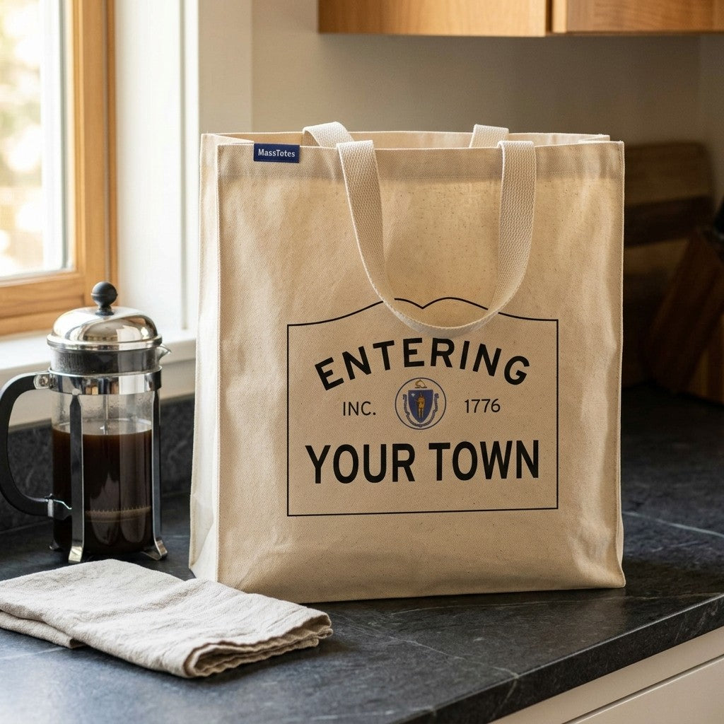 Custom Massachusetts Town Line Entering Sign Canvas Tote Bag - Everyday In-Situ View - Sunlit Environment