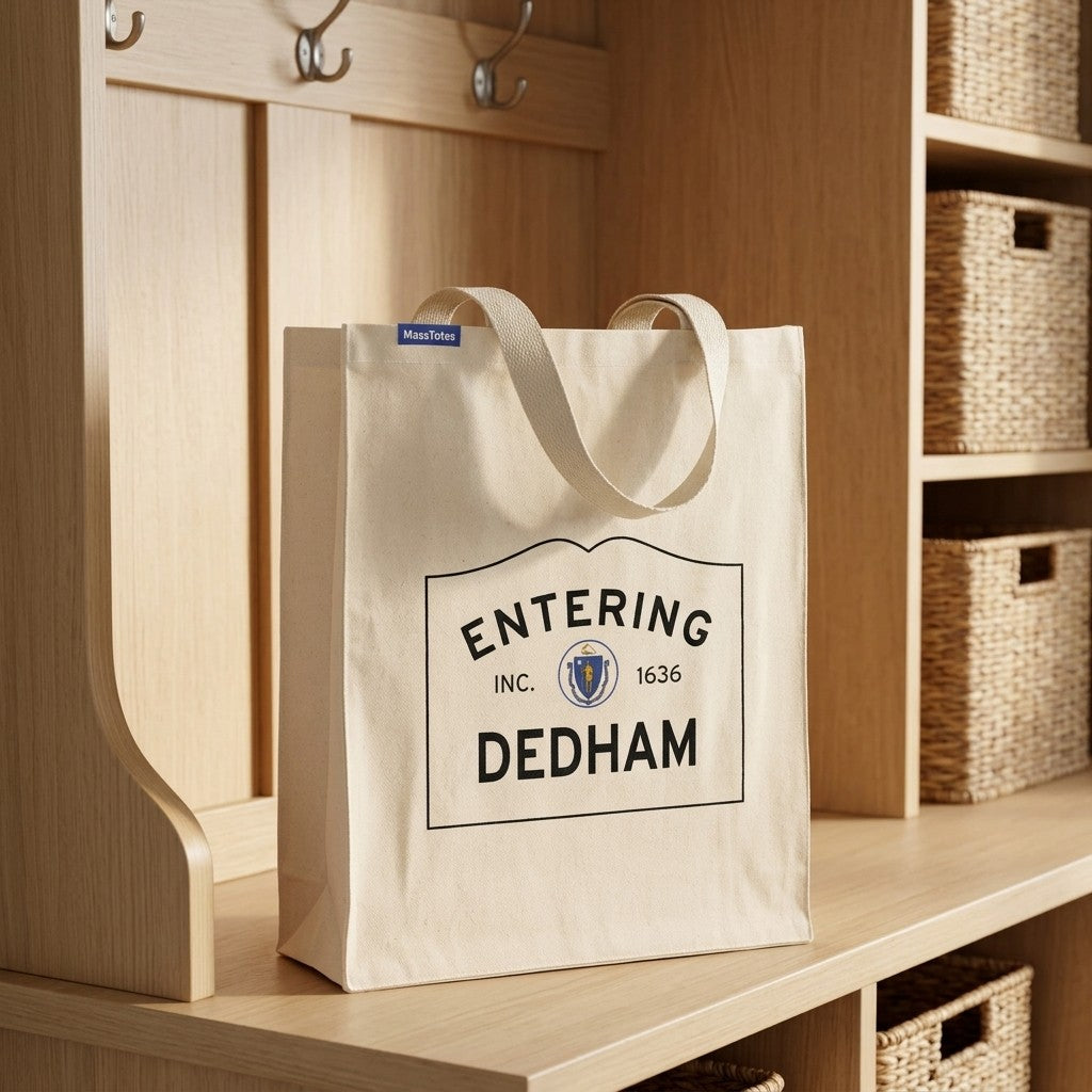 Entering Dedham, Massachusetts Canvas Tote Bag - Lifestyle Scene - Classic New England Detail