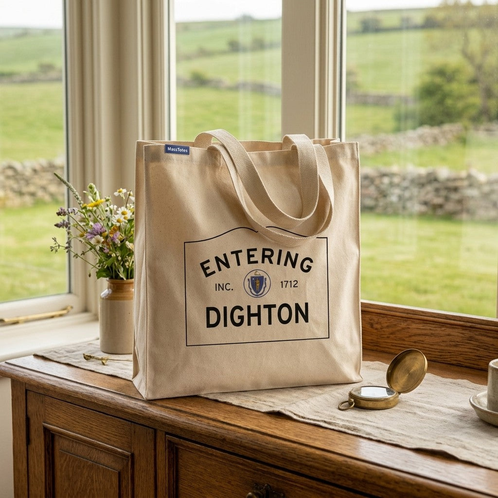 Entering Dighton, Massachusetts Canvas Tote Bag - Lifestyle Scene - Classic New England Detail