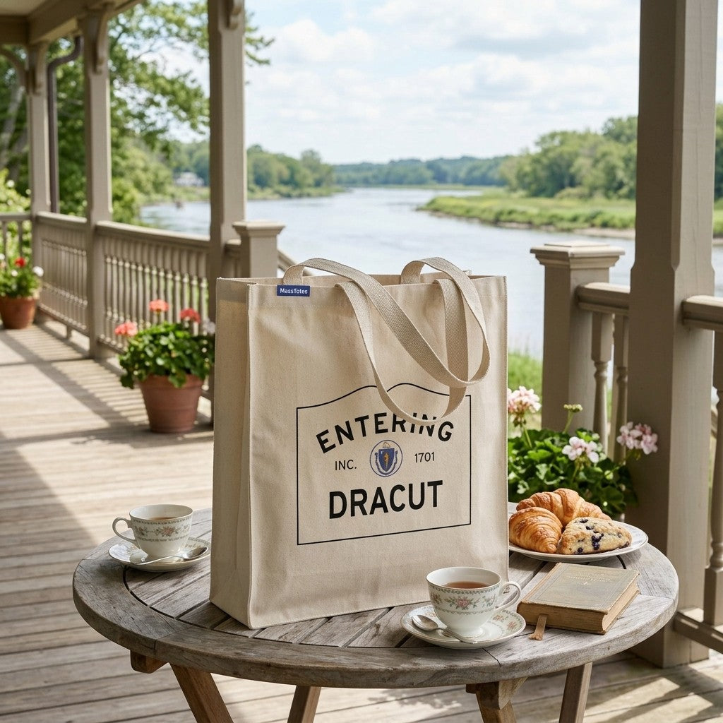 Entering Dracut, Massachusetts Canvas Tote Bag - Lifestyle Scene - Relaxed Natural Setting