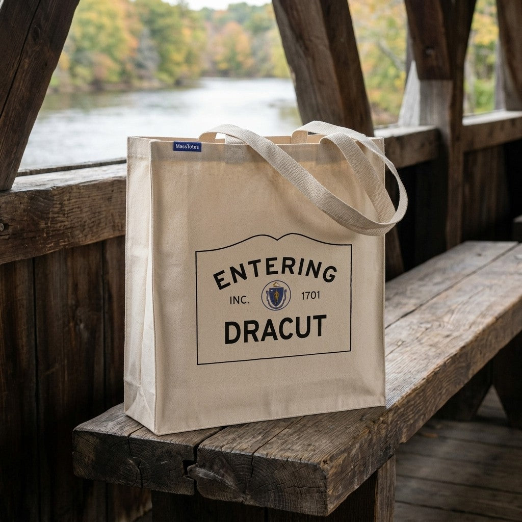 Entering Dracut, Massachusetts Canvas Tote Bag - Lifestyle Scene - Classic New England Detail