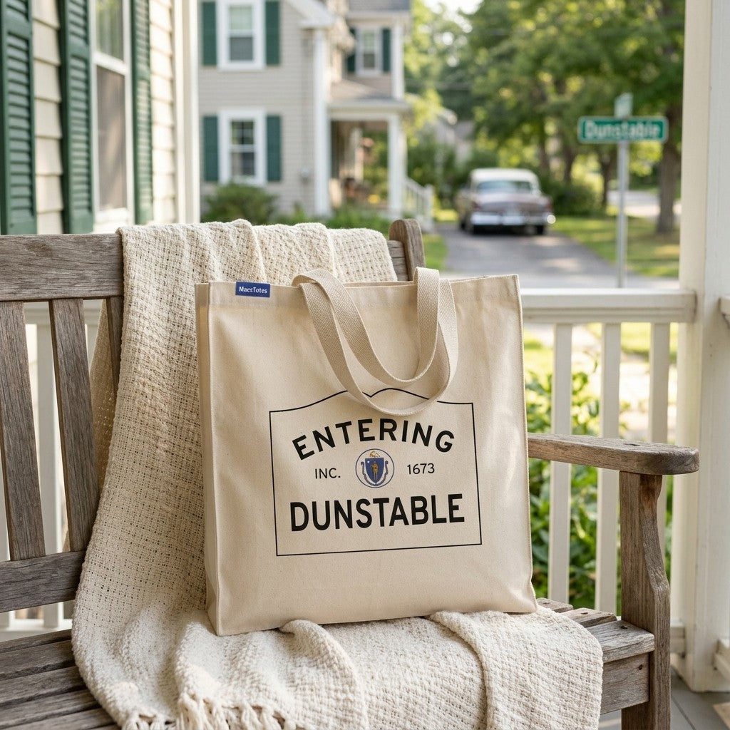Entering Dunstable, Massachusetts Canvas Tote Bag - Lifestyle Scene - Classic New England Detail