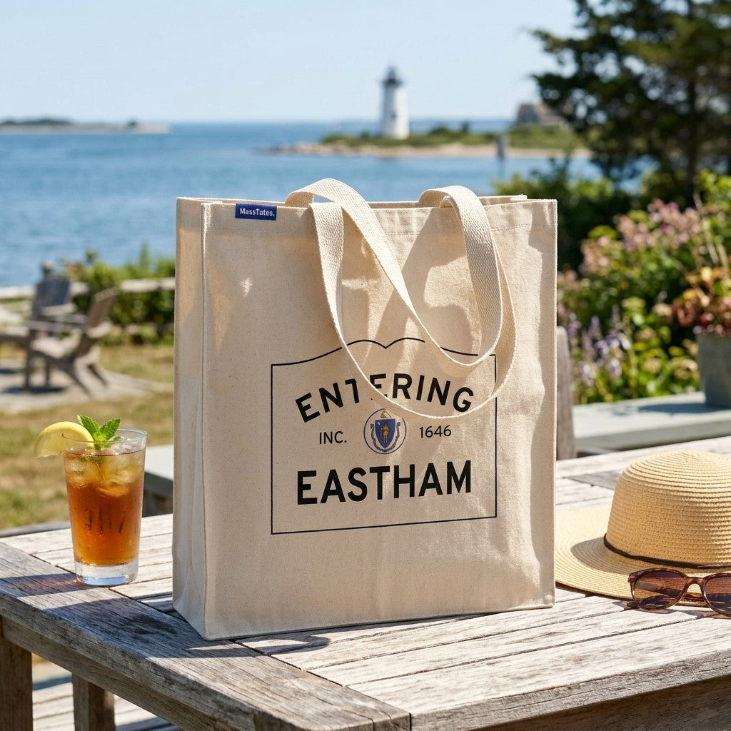 Entering Eastham, Massachusetts Canvas Tote Bag - Lifestyle Scene - Classic New England Detail