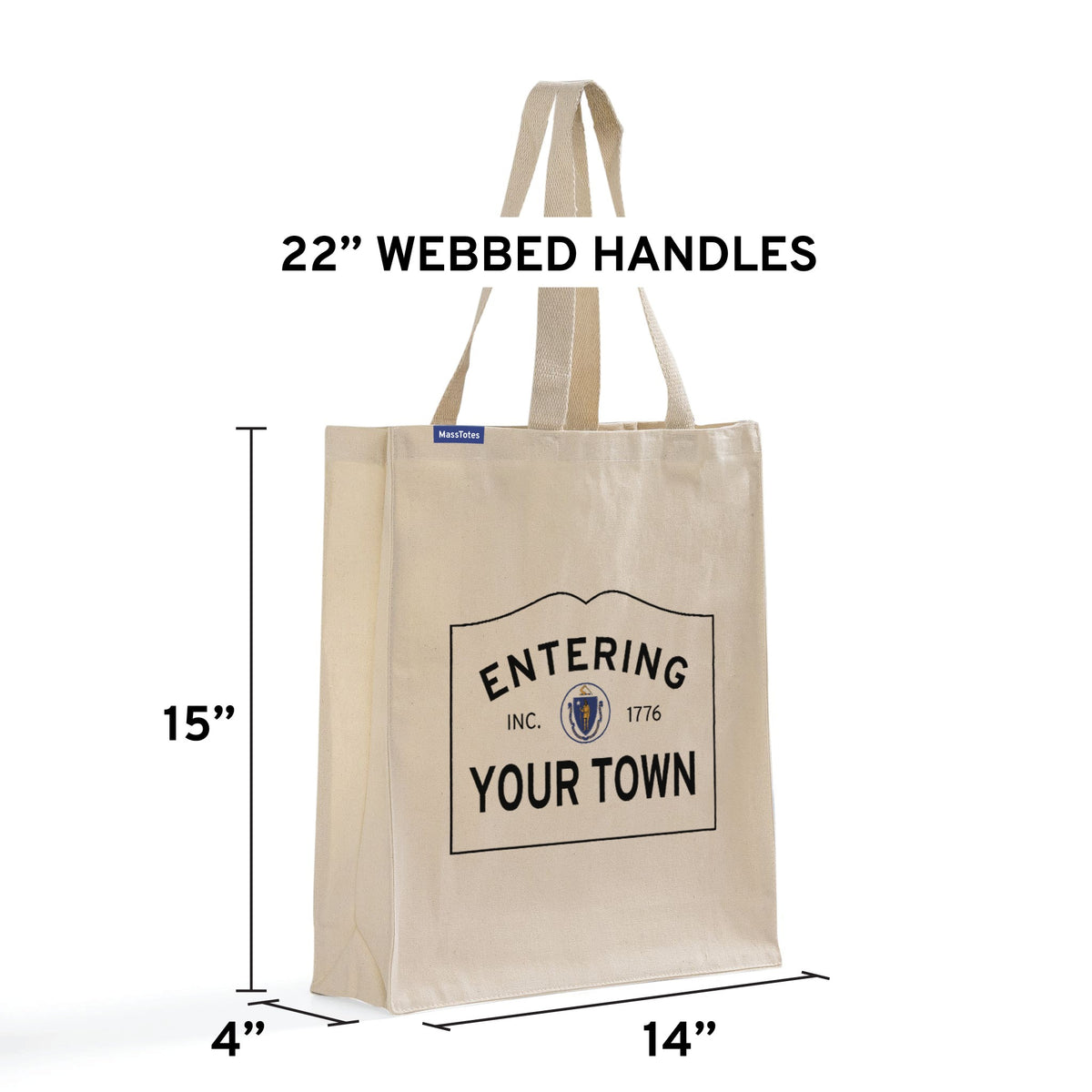 Entering Wilbraham, Massachusetts Canvas Tote Bag Dimensions & Specifications (15" Tall x 14" Wide x 4" Gusset)