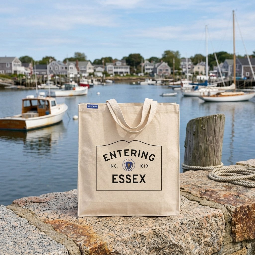 Entering Essex, Massachusetts Canvas Tote Bag - Lifestyle Scene - Classic New England Detail