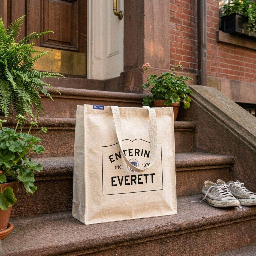 Entering Everett, Massachusetts Canvas Tote Bag - Lifestyle Scene - Relaxed Natural Setting