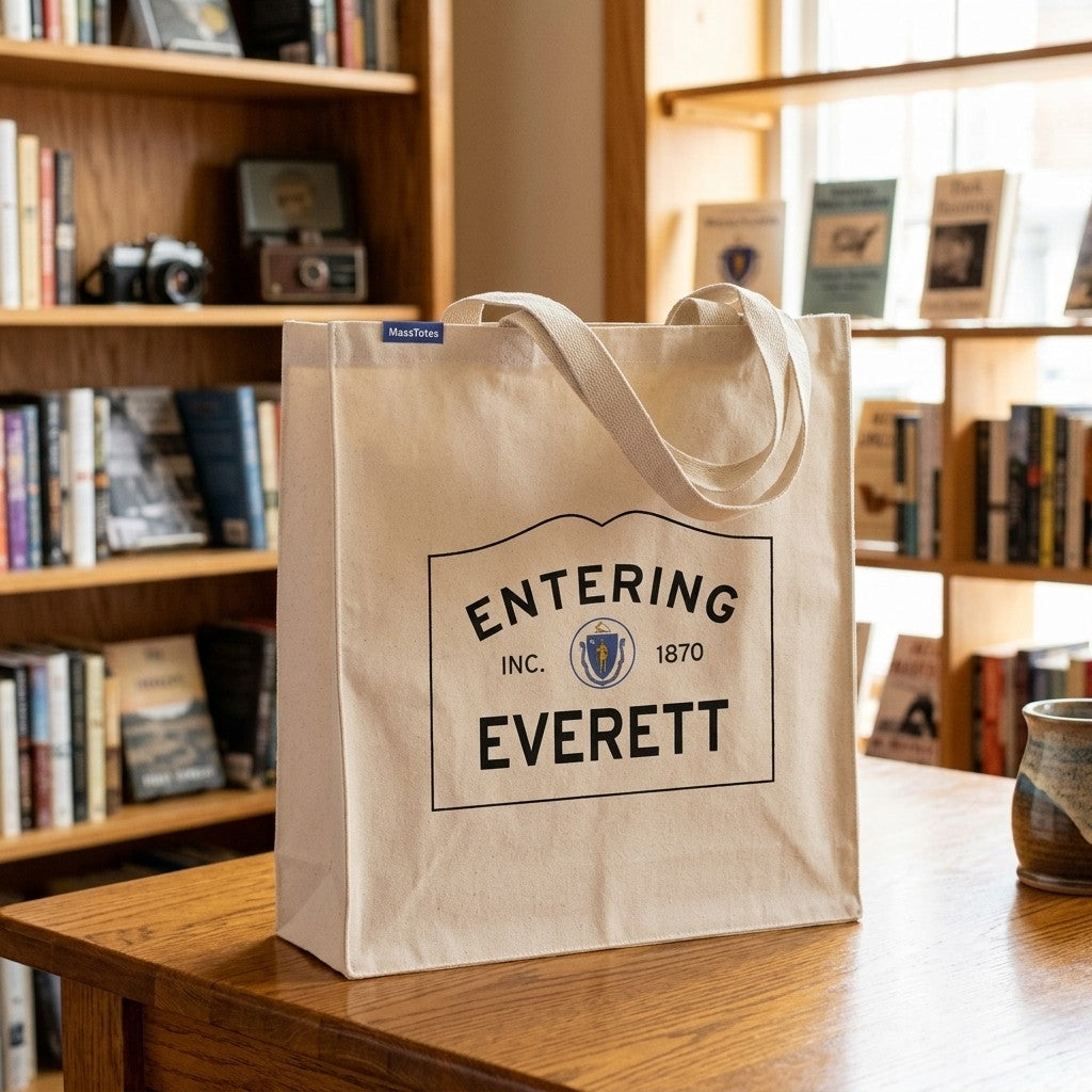 Entering Everett, Massachusetts Canvas Tote Bag - Lifestyle Scene - Classic New England Detail