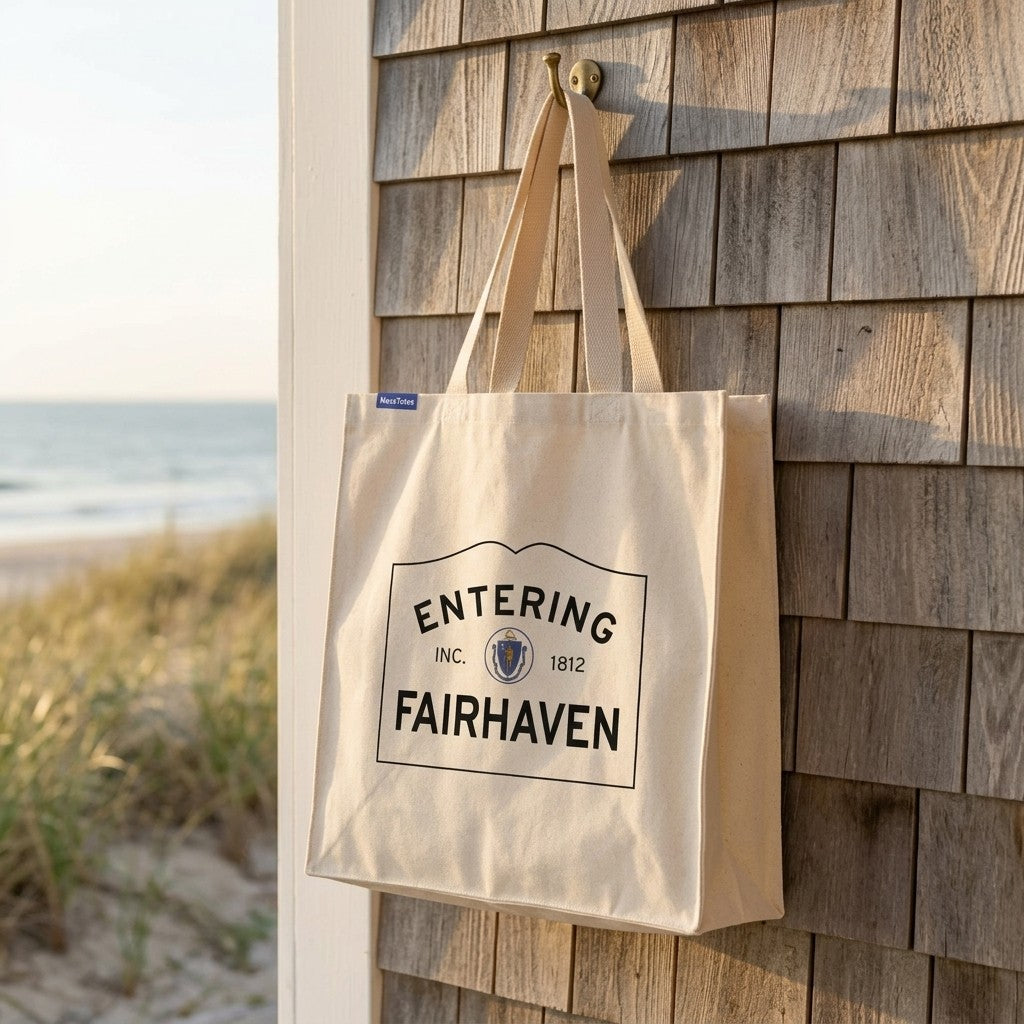 Entering Fairhaven, Massachusetts Canvas Tote Bag - Lifestyle Scene - Classic New England Detail