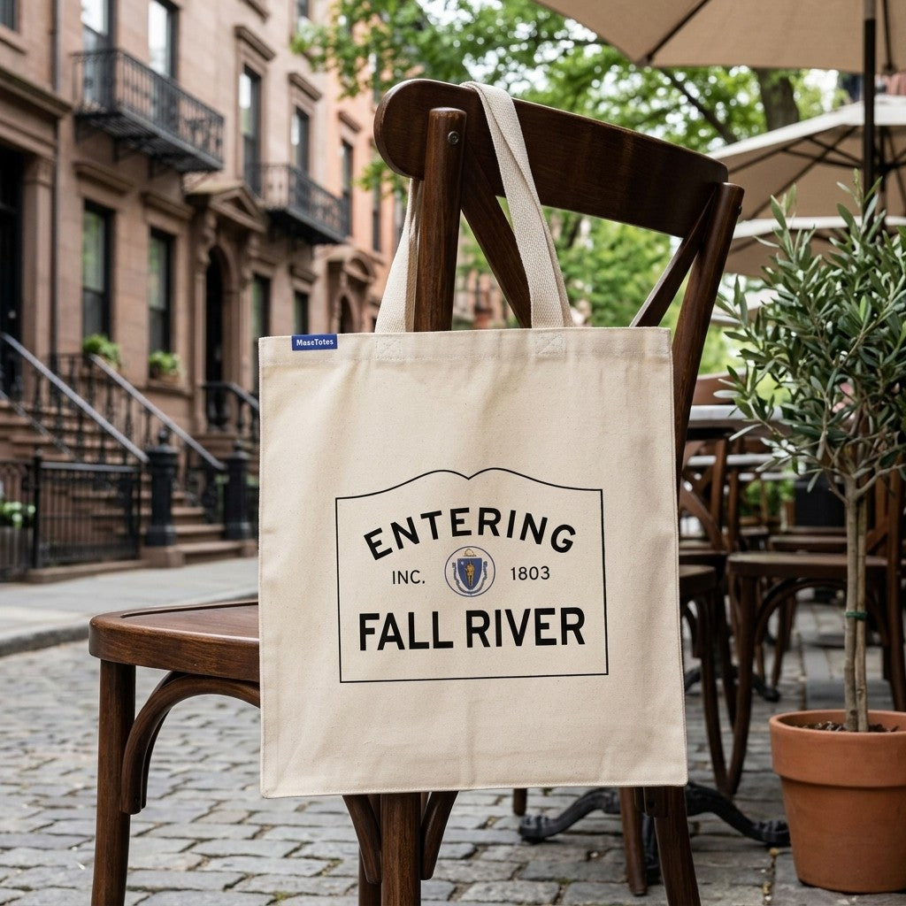 Entering Fall River, Massachusetts Canvas Tote Bag - Lifestyle Scene - Classic New England Detail