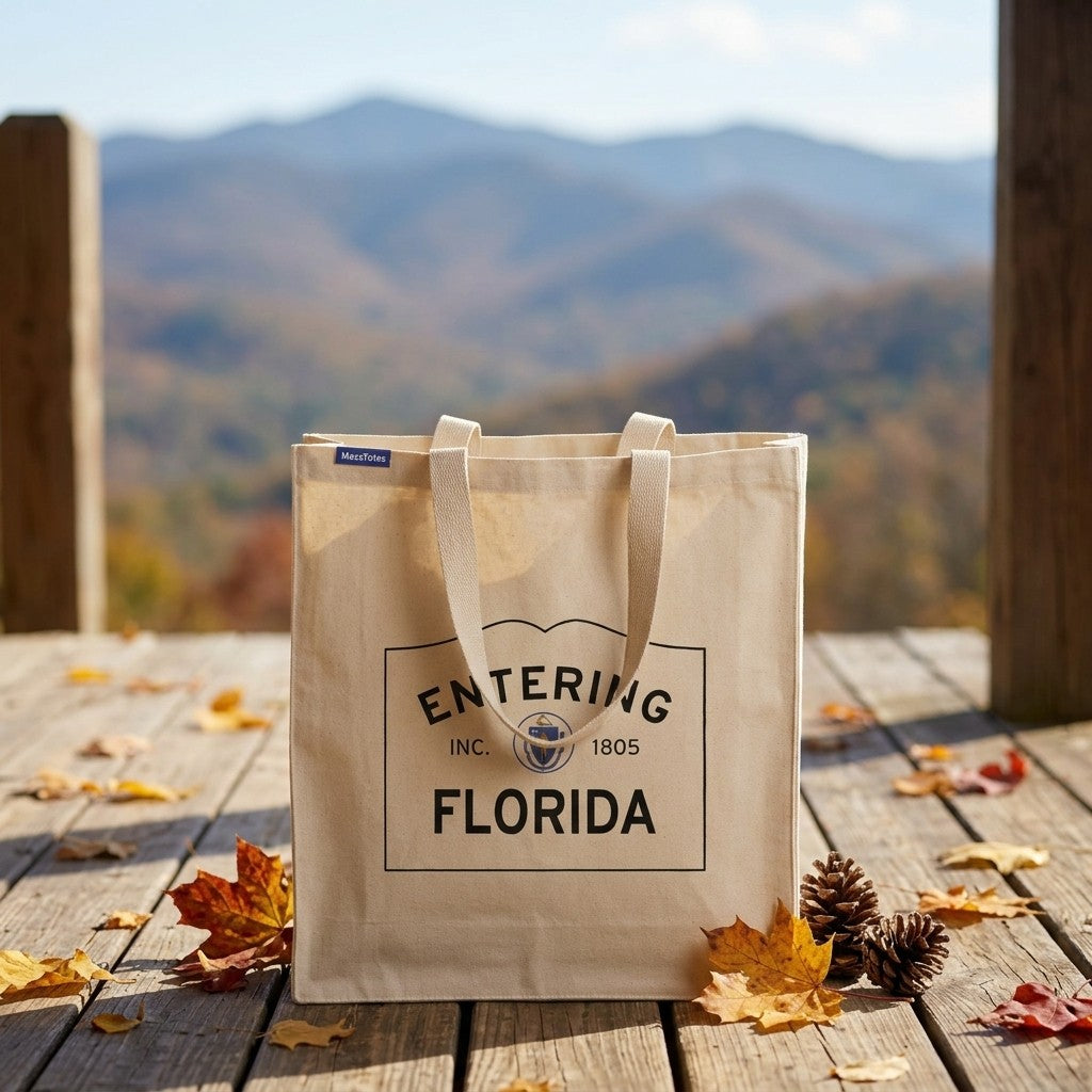 Entering Florida, Massachusetts Canvas Tote Bag - Lifestyle Scene - Classic New England Detail