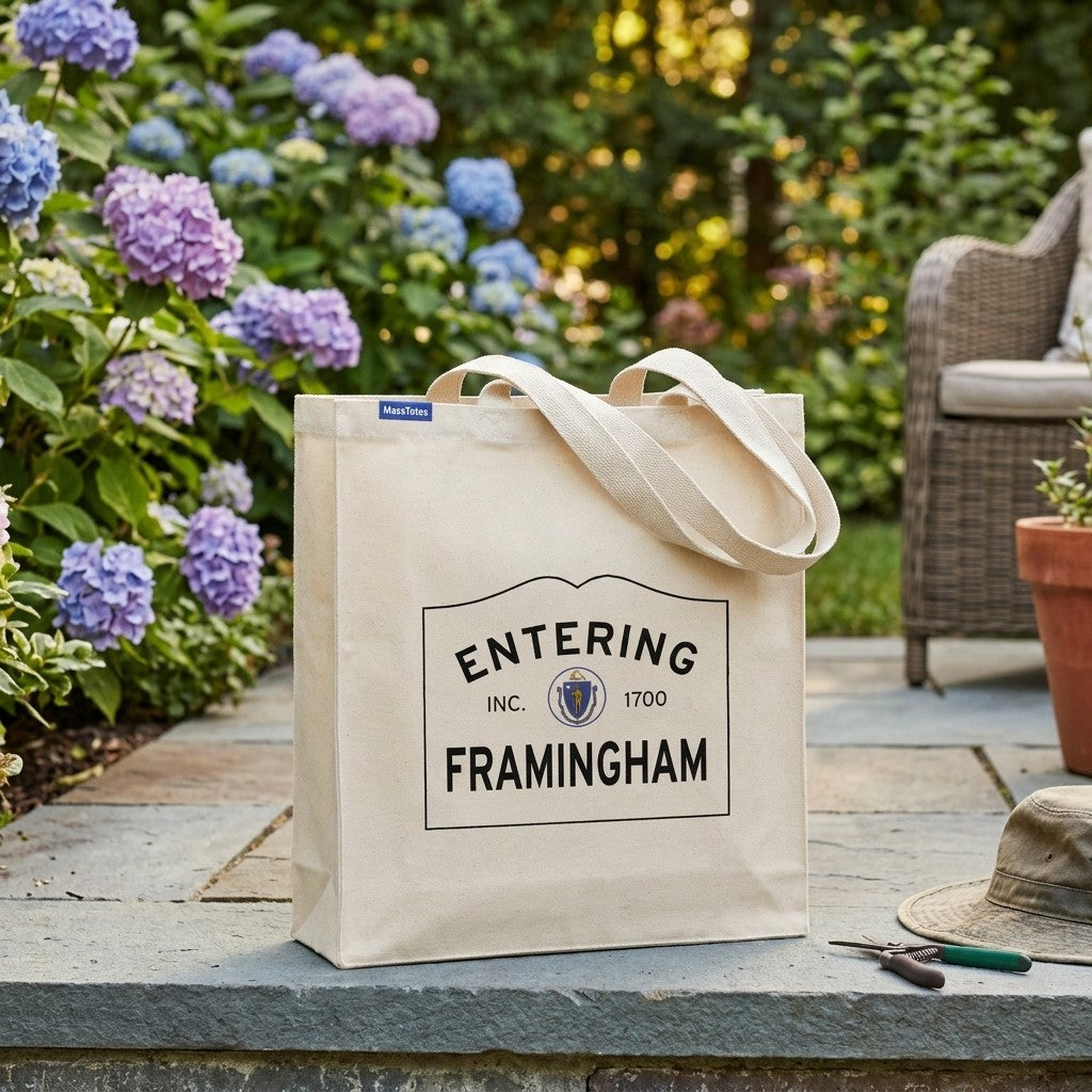 Entering Framingham, Massachusetts Canvas Tote Bag - Lifestyle Scene - Relaxed Natural Setting