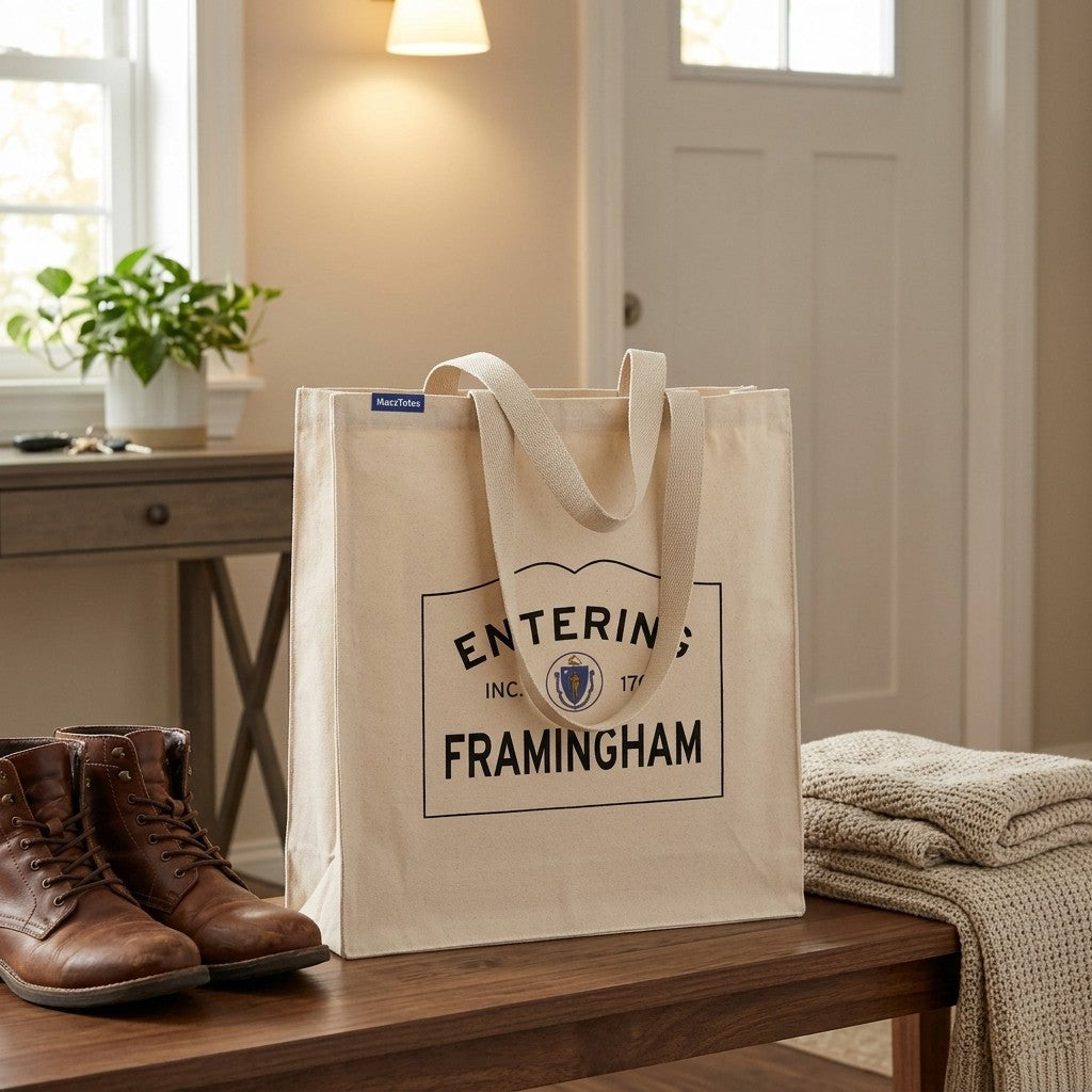 Entering Framingham, Massachusetts Canvas Tote Bag - Lifestyle Scene - Classic New England Detail