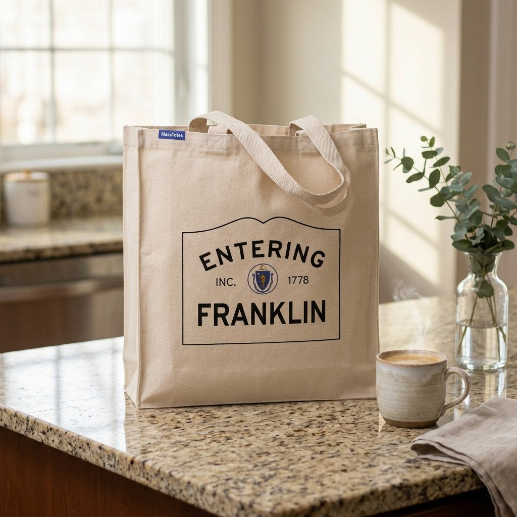 Entering Franklin, Massachusetts Canvas Tote Bag - Lifestyle Scene - Classic New England Detail