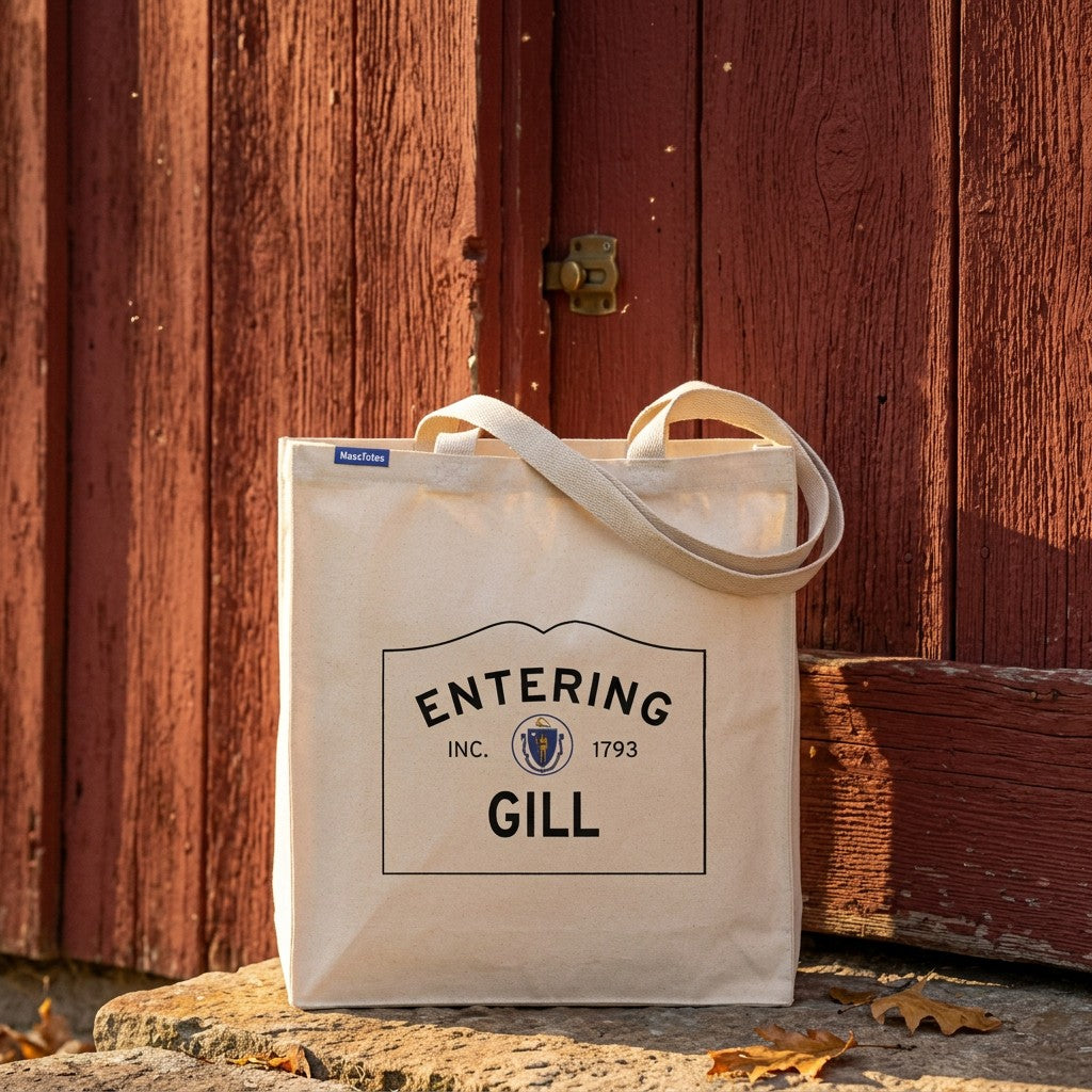 Entering Gill, Massachusetts Canvas Tote Bag - Lifestyle Scene - Classic New England Detail