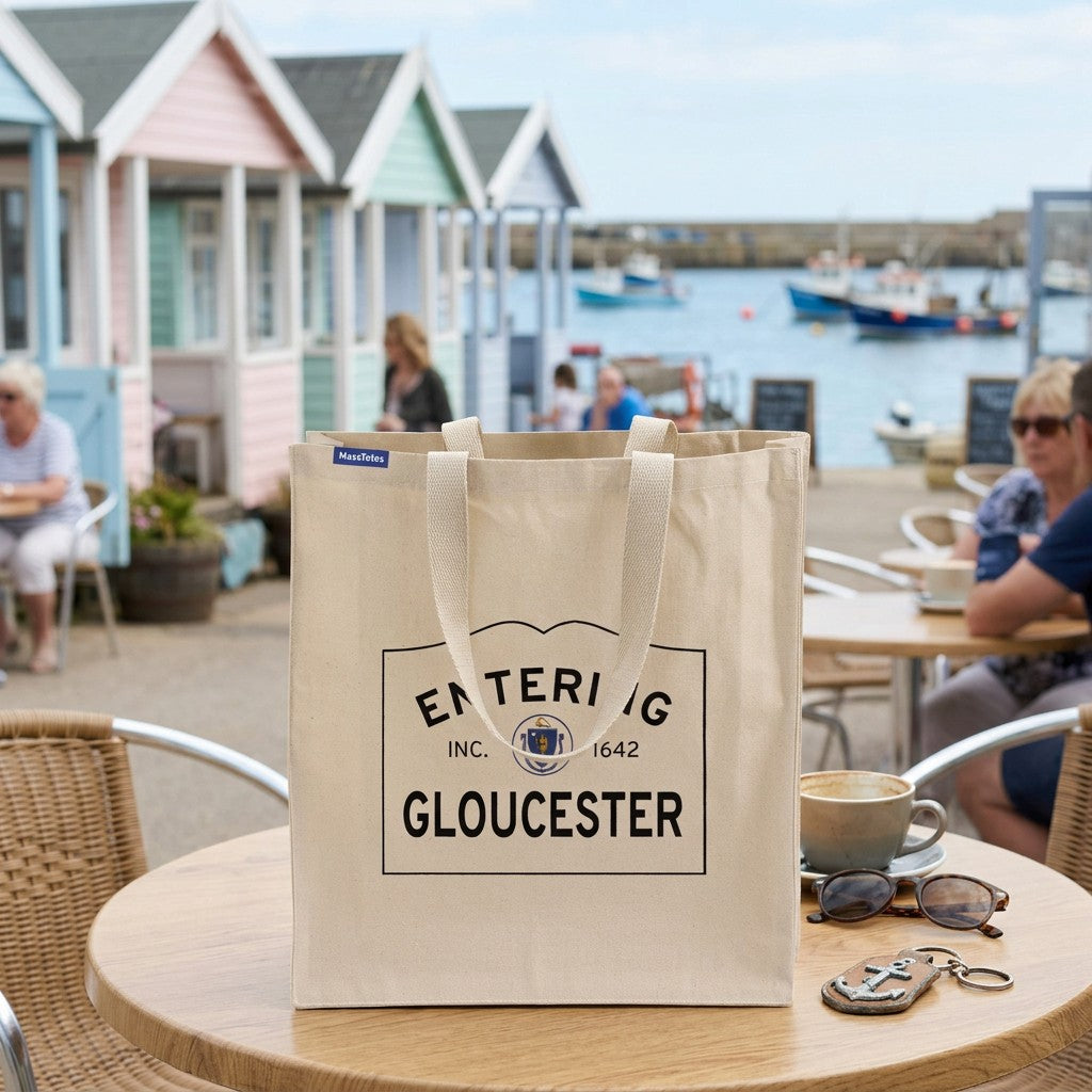 Entering Gloucester, Massachusetts Canvas Tote Bag - Lifestyle Scene - Classic New England Detail