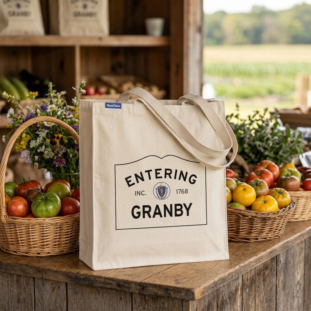 Entering Granby, Massachusetts Canvas Tote Bag - Lifestyle Scene - Classic New England Detail