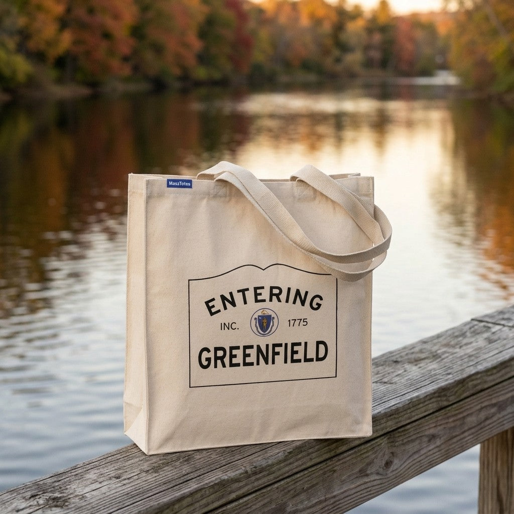Entering Greenfield, Massachusetts Canvas Tote Bag - Lifestyle Scene - Classic New England Detail