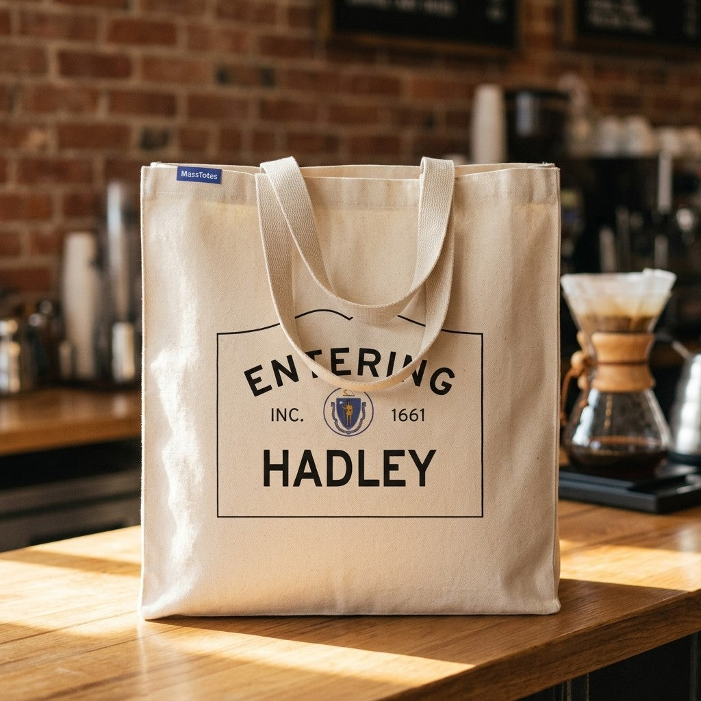 Entering Hadley, Massachusetts Canvas Tote Bag - Lifestyle Scene - Relaxed Natural Setting