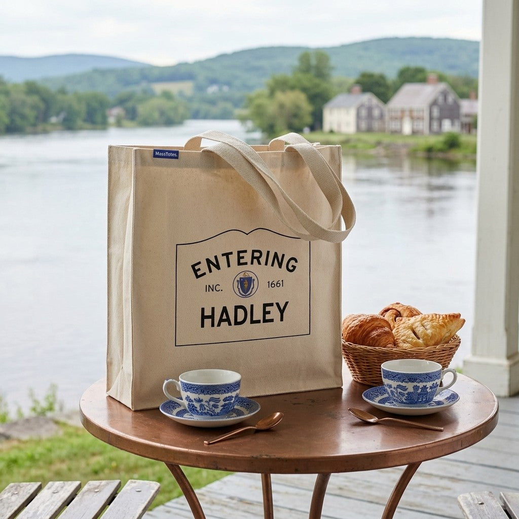 Entering Hadley, Massachusetts Canvas Tote Bag - Lifestyle Scene - Classic New England Detail
