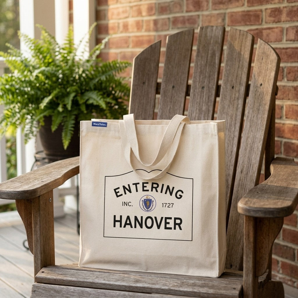 Entering Hanover, Massachusetts Canvas Tote Bag - Lifestyle Scene - Classic New England Detail