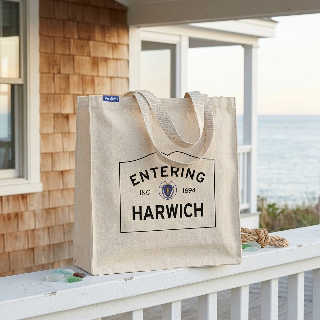 Entering Harwich, Massachusetts Canvas Tote Bag - Lifestyle Scene - Classic New England Detail