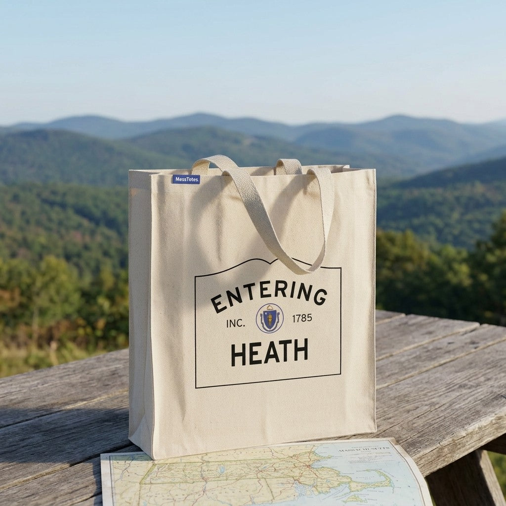 Entering Heath, Massachusetts Canvas Tote Bag - Lifestyle Scene - Classic New England Detail