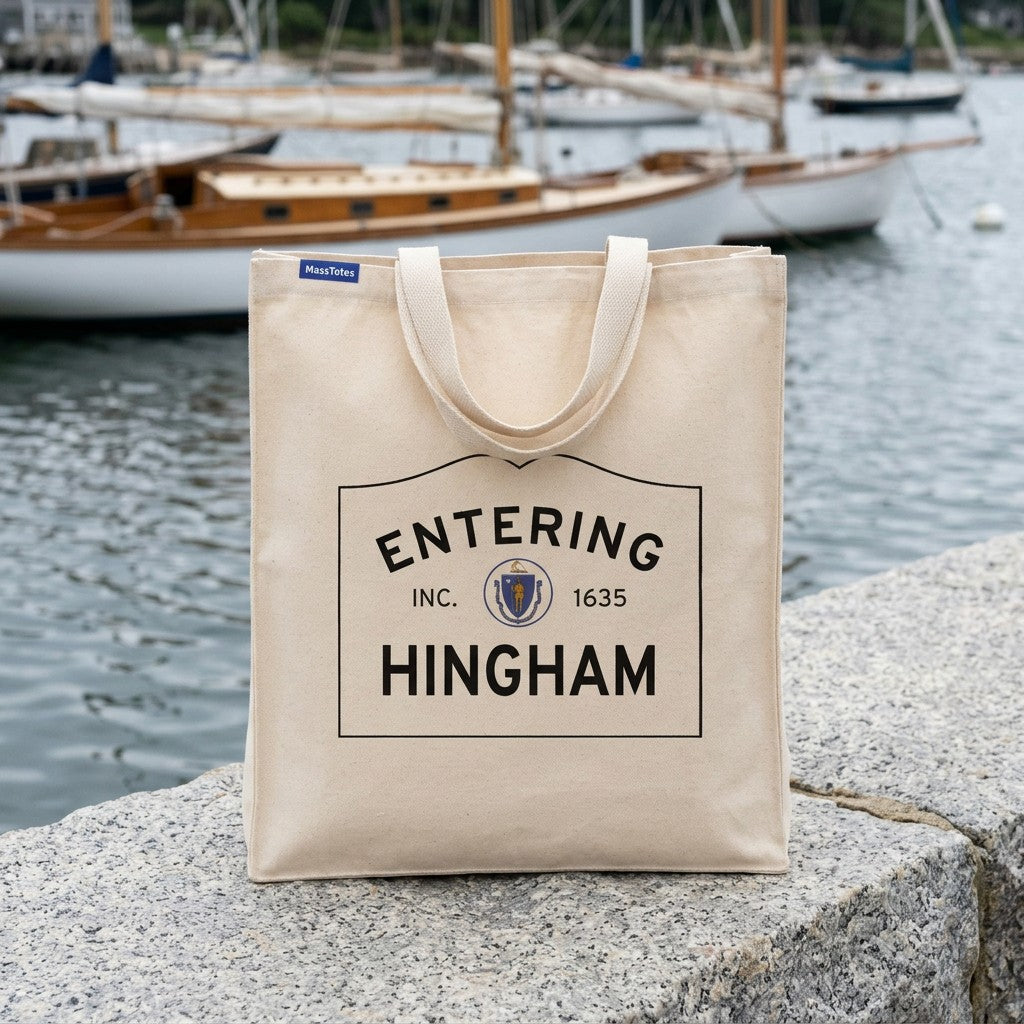 Entering Hingham, Massachusetts Canvas Tote Bag - Lifestyle Scene - Classic New England Detail