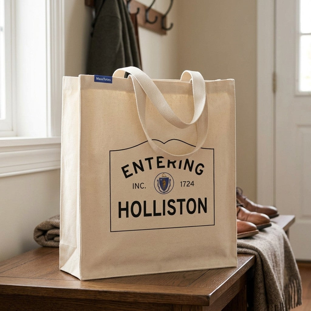 Entering Holliston, Massachusetts Canvas Tote Bag - Lifestyle Scene - Classic New England Detail