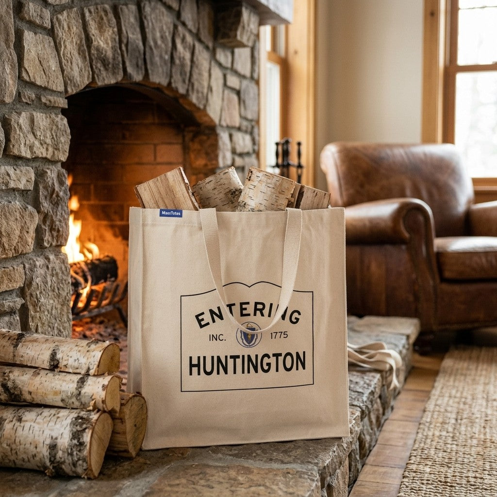 Entering Huntington, Massachusetts Canvas Tote Bag - Lifestyle Scene - Relaxed Natural Setting