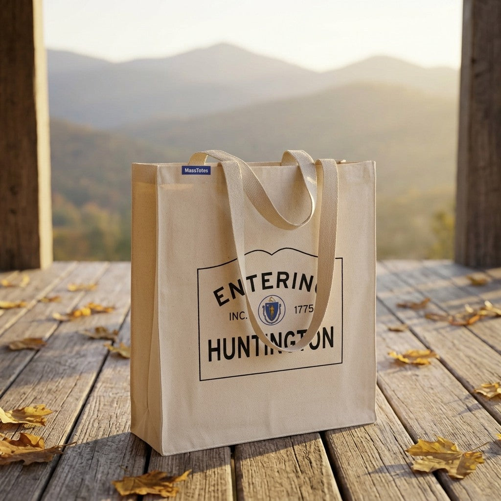 Entering Huntington, Massachusetts Canvas Tote Bag - Lifestyle Scene - Classic New England Detail