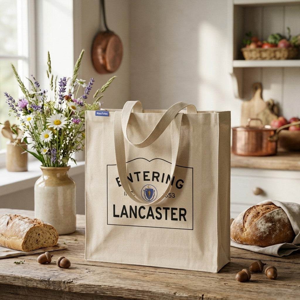 Entering Lancaster, Massachusetts Canvas Tote Bag - Lifestyle Scene - Relaxed Natural Setting
