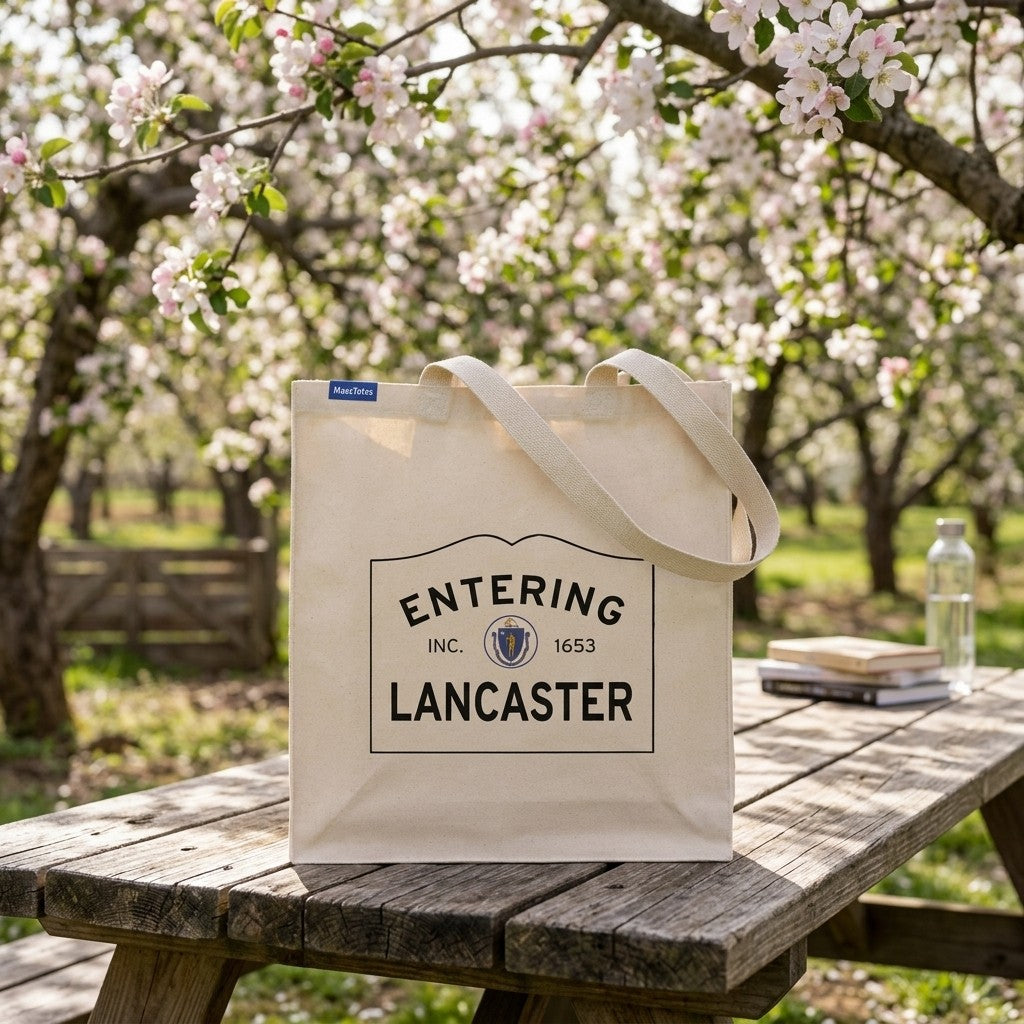 Entering Lancaster, Massachusetts Canvas Tote Bag - Lifestyle Scene - Classic New England Detail