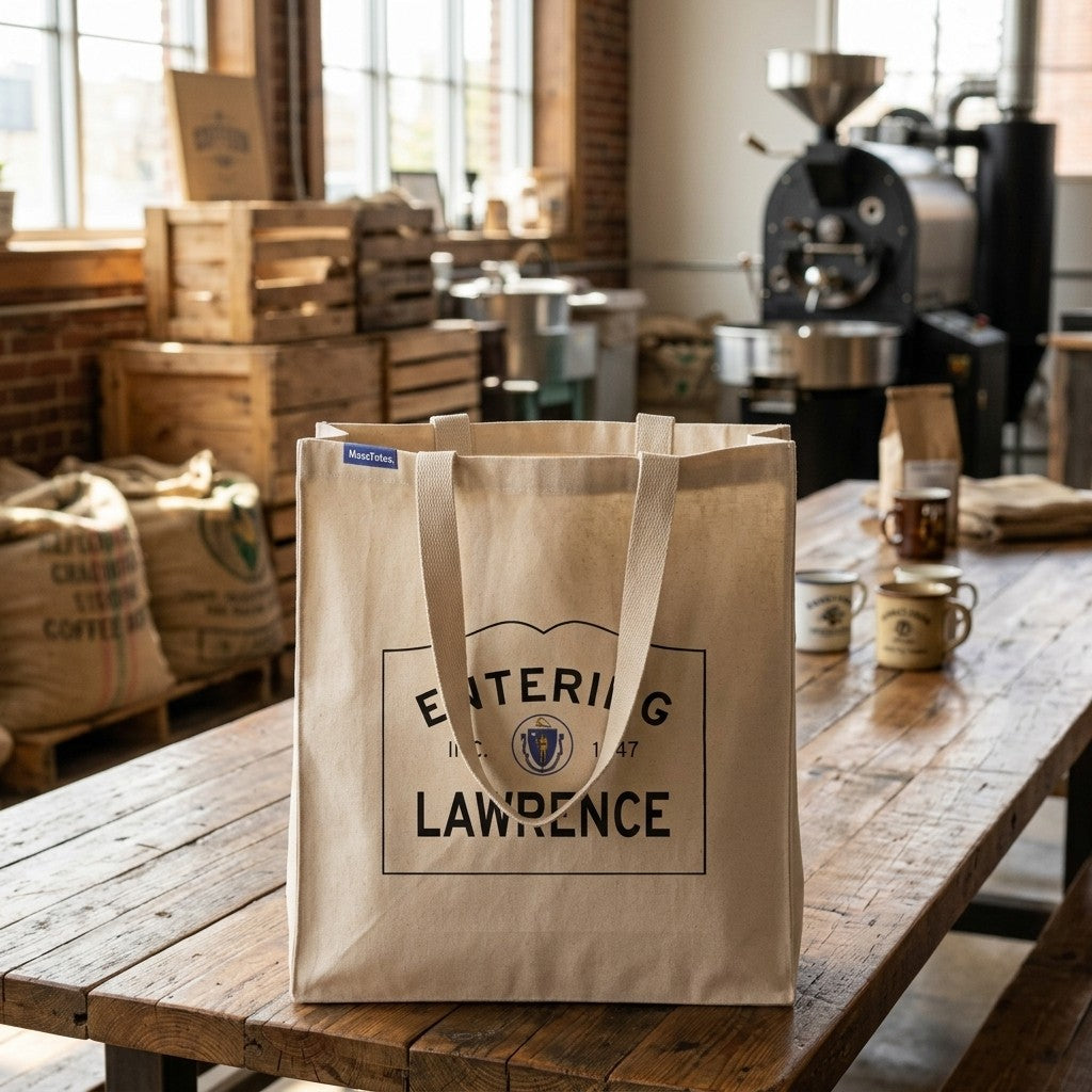 Entering Lawrence, Massachusetts Canvas Tote Bag - Lifestyle Scene - Classic New England Detail