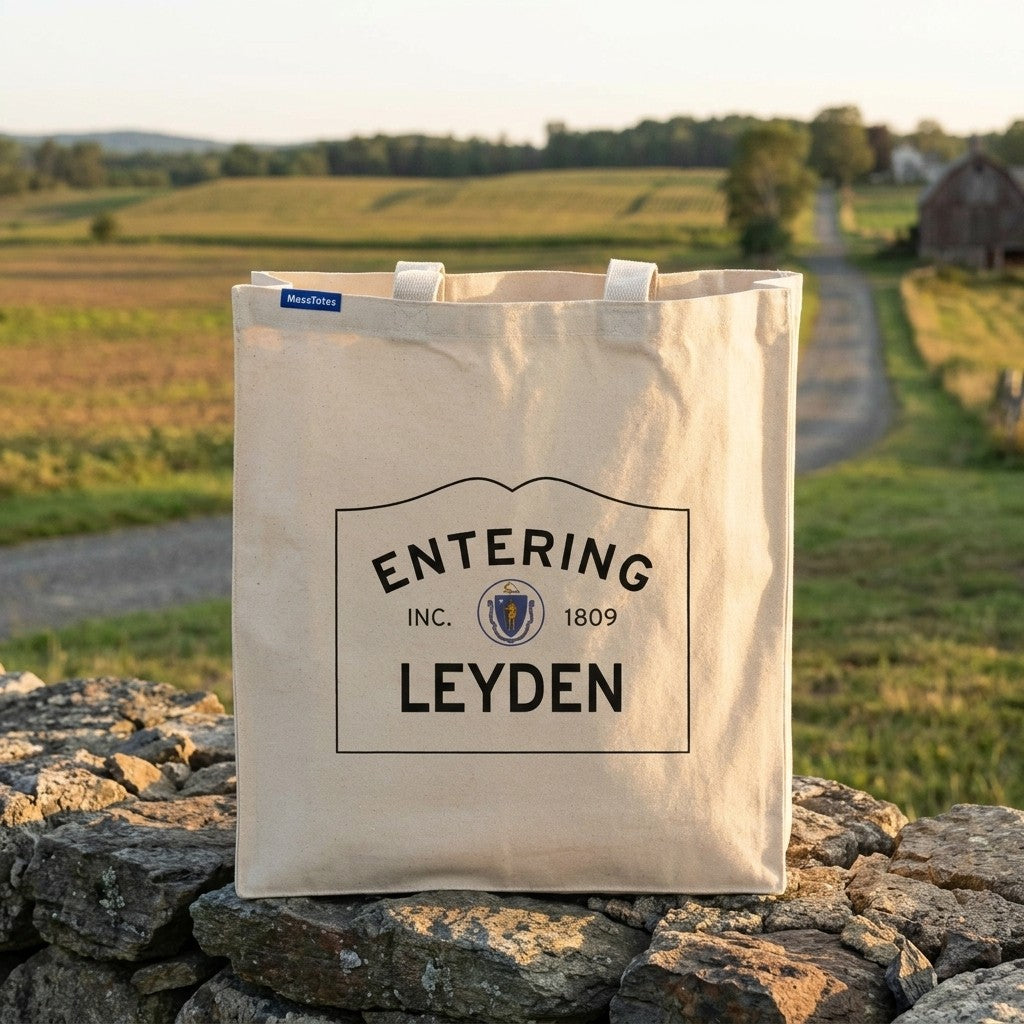 Entering Leyden, Massachusetts Canvas Tote Bag - Lifestyle Scene - Classic New England Detail