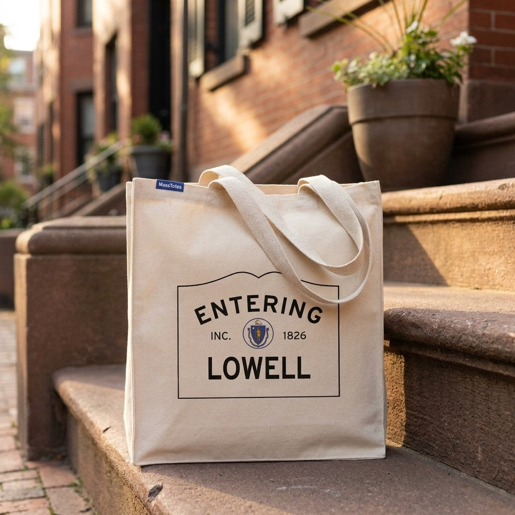 Entering Lowell, Massachusetts Canvas Tote Bag - Lifestyle Scene - Classic New England Detail