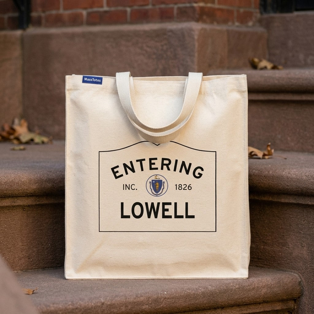 Entering Lowell, Massachusetts Canvas Tote Bag - Everyday In-Situ View - Sunlit Environment
