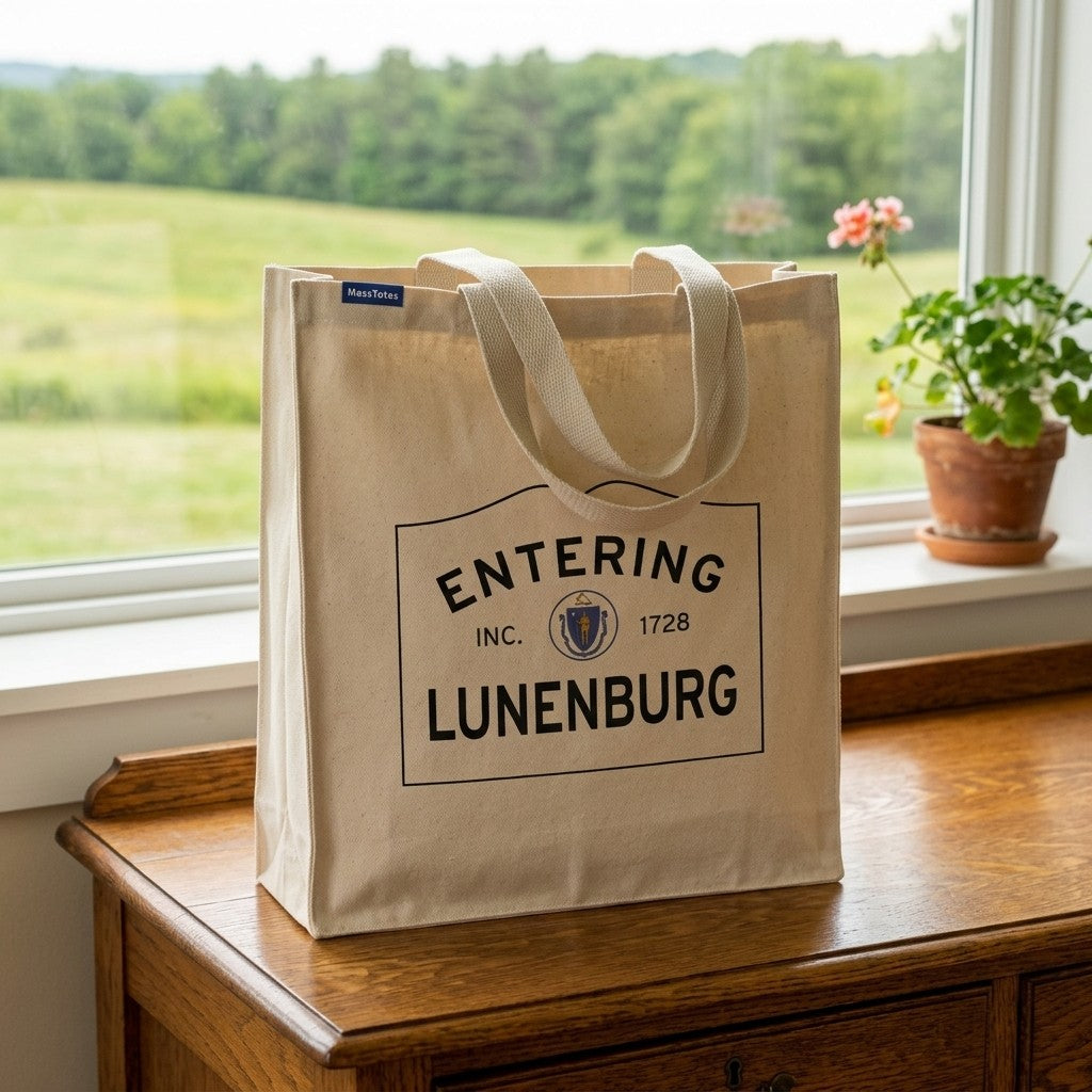 Entering Lunenburg, Massachusetts Canvas Tote Bag - Lifestyle Scene - Classic New England Detail