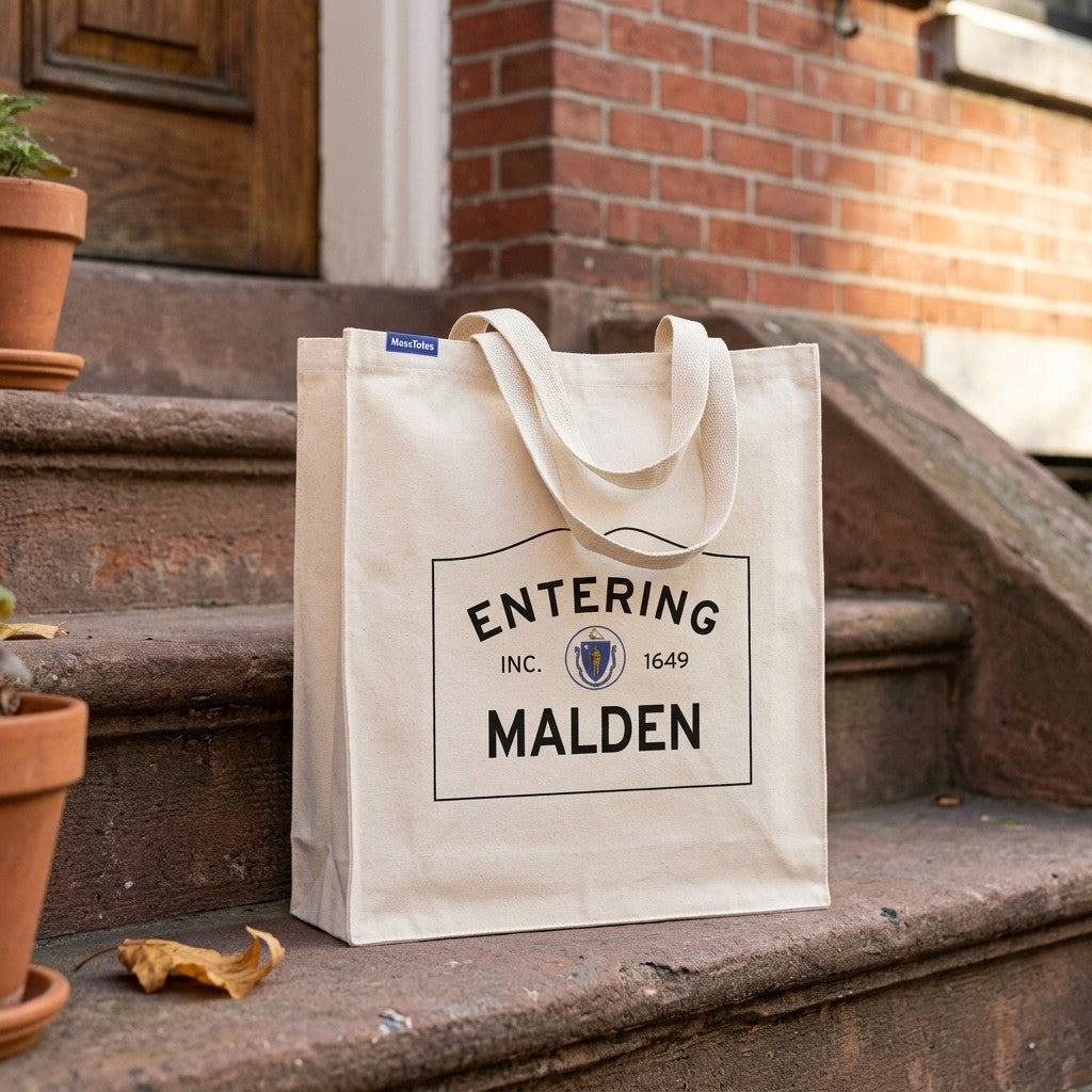 Entering Malden, Massachusetts Canvas Tote Bag - Lifestyle Scene - Classic New England Detail