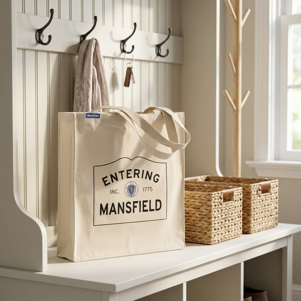Entering Mansfield, Massachusetts Canvas Tote Bag - Lifestyle Scene - Relaxed Natural Setting