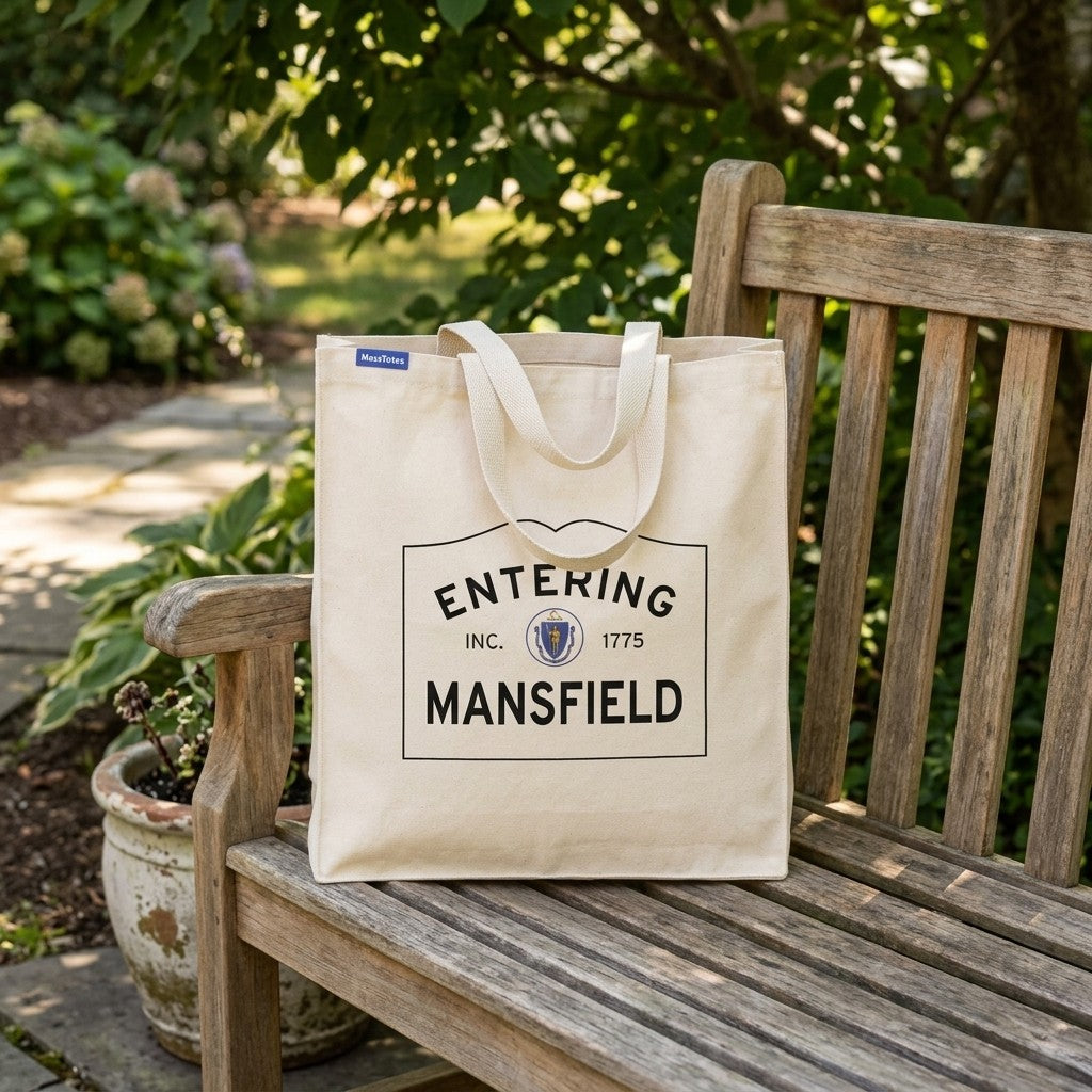 Entering Mansfield, Massachusetts Canvas Tote Bag - Lifestyle Scene - Classic New England Detail