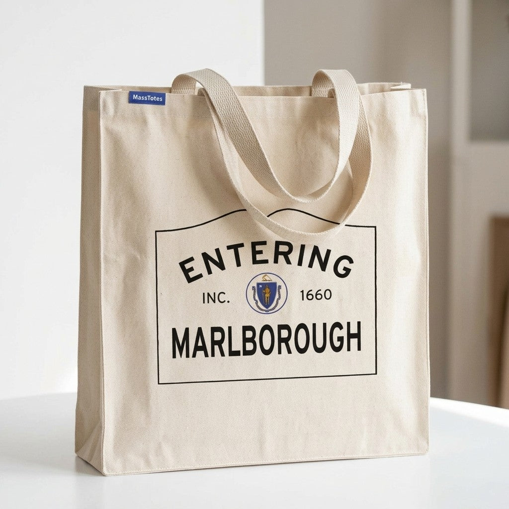 Entering Marlborough, Massachusetts Canvas Tote Bag - Lifestyle Scene - Relaxed Natural Setting