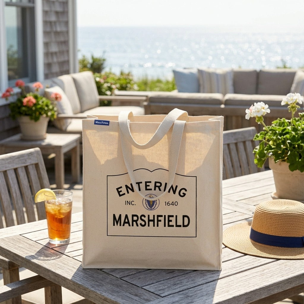 Entering Marshfield, Massachusetts Canvas Tote Bag - Lifestyle Scene - Classic New England Detail