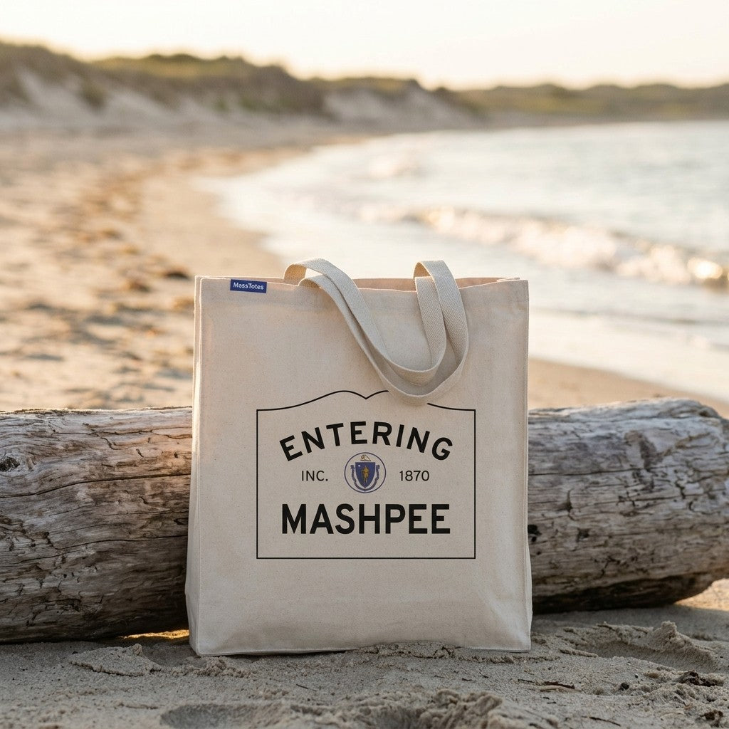 Entering Mashpee, Massachusetts Canvas Tote Bag - Lifestyle Scene - Classic New England Detail