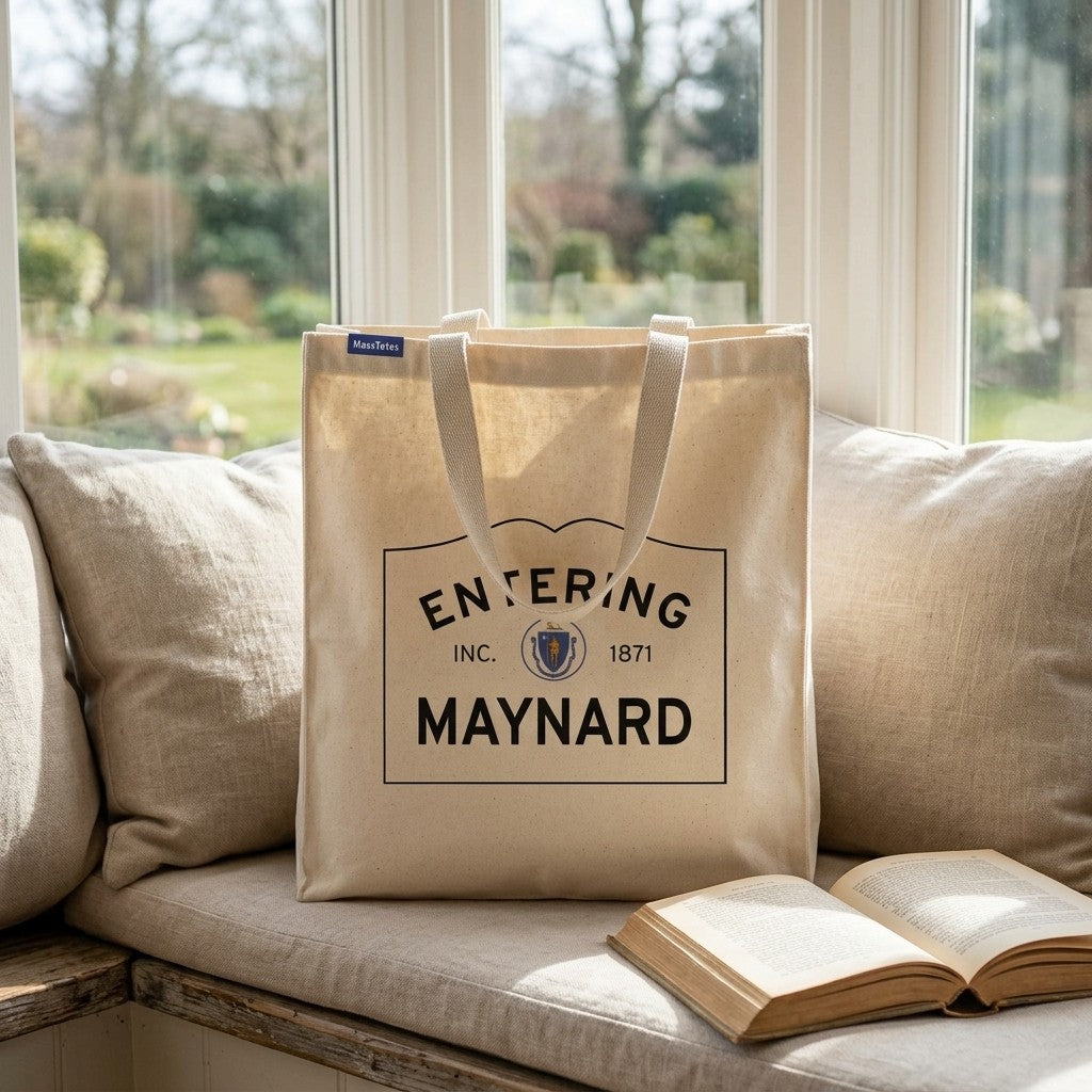 Entering Maynard, Massachusetts Canvas Tote Bag - Lifestyle Scene - Classic New England Detail